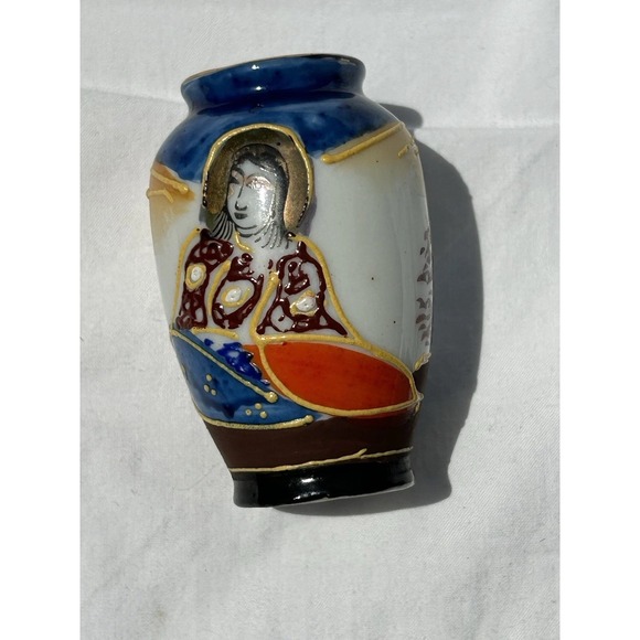 Vintage Made In Occupied Japan Hand Painted‎ Miniature Vase W/Japanese Figure X2 - Picture 2 of 10
